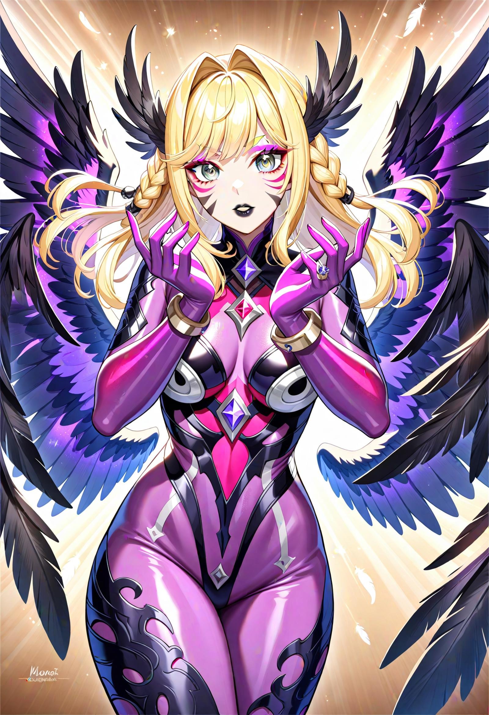 1girl,    floating hair, blonde hair, bodysuit, brown background, bracelet, facial mark, dark persona, purple eyeshadow, hair intakes, parted lips, ringed eyes, braid, mismatched eyebrows, jewelry, makeup, black lips, solo, feathered wings, feathers, black feathers, wings, bird wings, looking at viewer, eyeshadow, hands up, long hair, white background, black wings, ring, grey eyes, purple bodysuit, artist name, facepaint, signature, multiple braids, lipstick, cowboy shot, eyebrows hidden by hair, masterpiece, best quality, newest,  safe