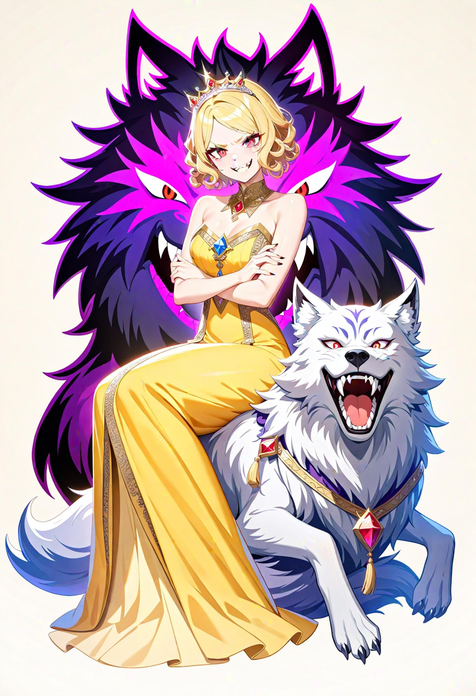 1girl,    crown, yellow dress, fangs, solo, smile, gem, teeth, evil smile, red eyes, long dress, grin, beige background, furrowed brow, tiara, wolf, crossed arms, parted bangs, dress, sitting, dark persona, jewelry, short hair, animal, brooch, detached collar, tassel, bob cut, curly hair, evil grin, blonde hair, looking at viewer, simple background, princess, full body, masterpiece, best quality, newest,  safe