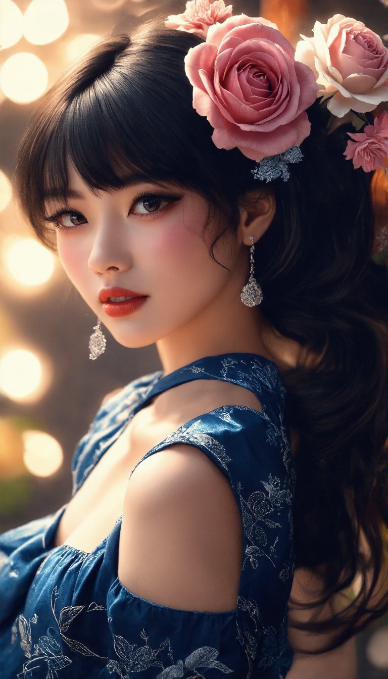 (Very beautiful woman with a "Cabaret" theme, top down view, high angle, flowers, dress, Hokusai-style, long hair, cute hair accessories, thematic background, dramatic lighting), (Photorealistic: 1.4), detailed texture, high quality, high resolution, high accuracy, realism, color correction, good lighting settings, harmonious composition, Behance Works, 1girl_neo