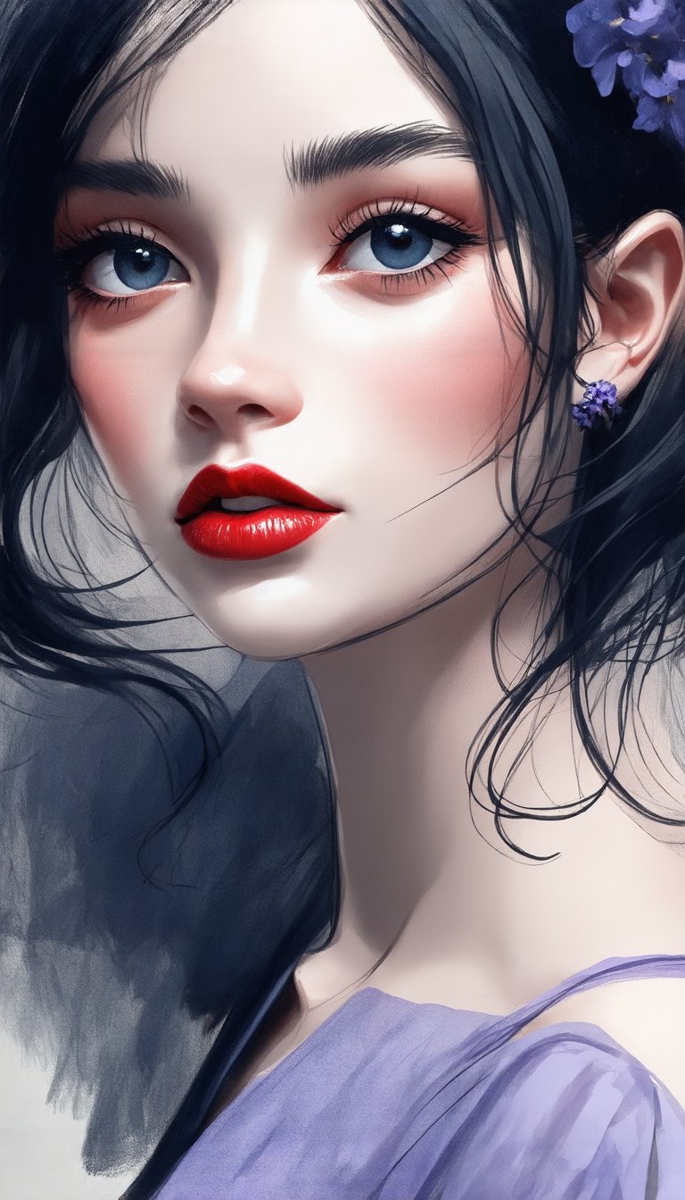 (A minimalist sketch from the 1920s, rendered in gouache, pencil, and ink, captures a stunningly beautiful and delicate face with large eyes. The piece features a gouache wash and calligraphic lines, with a color palette of lavender, slate, and blue, highlighted by a striking red lip.), detailed texture, high quality, high resolution, high accuracy, realism, color correction, good lighting settings, harmonious composition, Behance Works, 1girl_neo