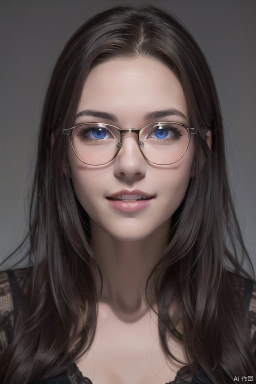  1girl, solo, long hair, blue eyes, brown hair, parted lips, glasses, teeth, lips, portrait, hologram