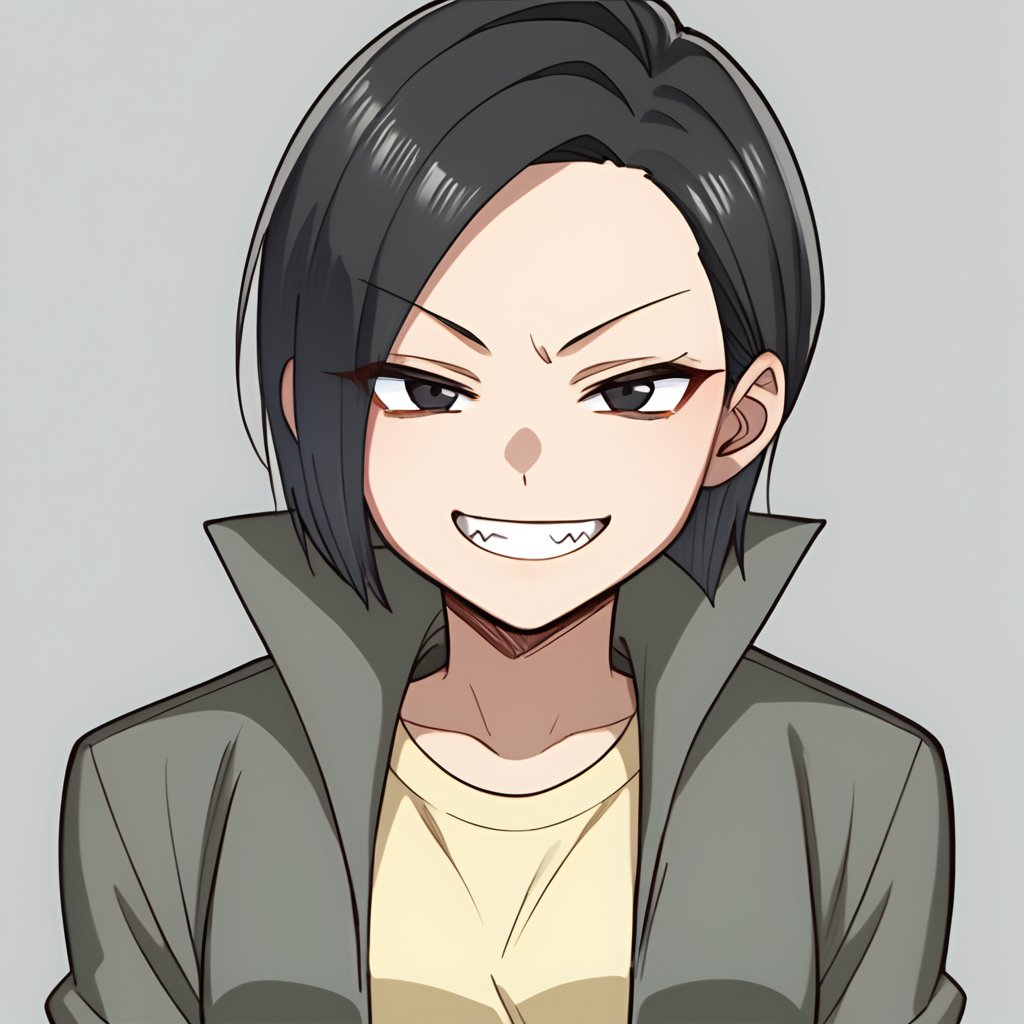 score_9, score_8_up, score_7_up, 1girl, solo, karin_(etra_chan_saw_it), black hair, black eyes, yellow shirt, jacket, open jacket, green jacket, smile, grin, teeth, v-shaped eyebrows, half-closed eyes, looking at viewer, simple background, upper body