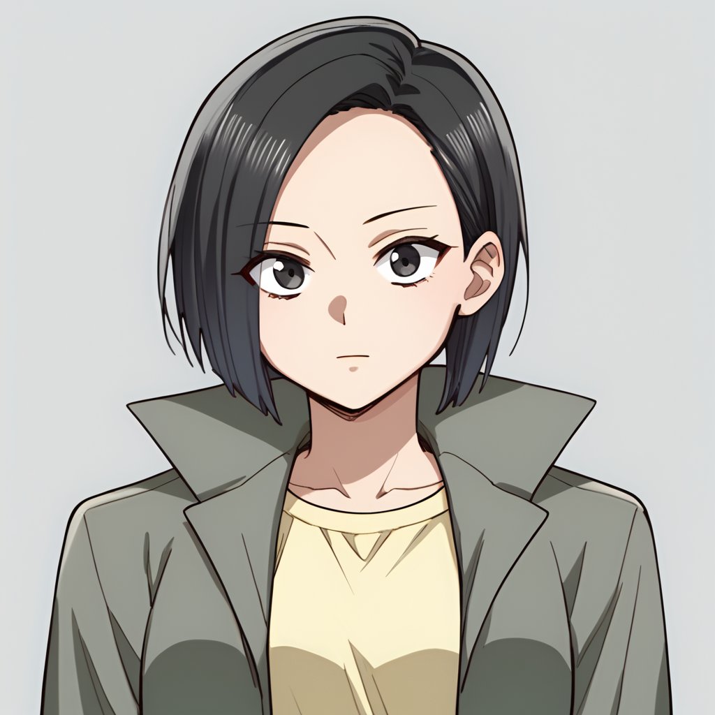 score_9, score_8_up, score_7_up, 1girl, solo, karin_(etra_chan_saw_it), black hair, black eyes, yellow shirt, jacket, open jacket, green jacket, looking at viewer, simple background, upper body