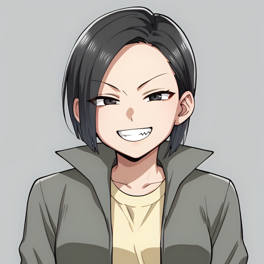 score_9, score_8_up, score_7_up, 1girl, solo, karin_(etra_chan_saw_it), black hair, black eyes, yellow shirt, jacket, open jacket, green jacket, smile, grin, teeth, v-shaped eyebrows, half-closed eyes, v, looking at viewer, simple background, upper body