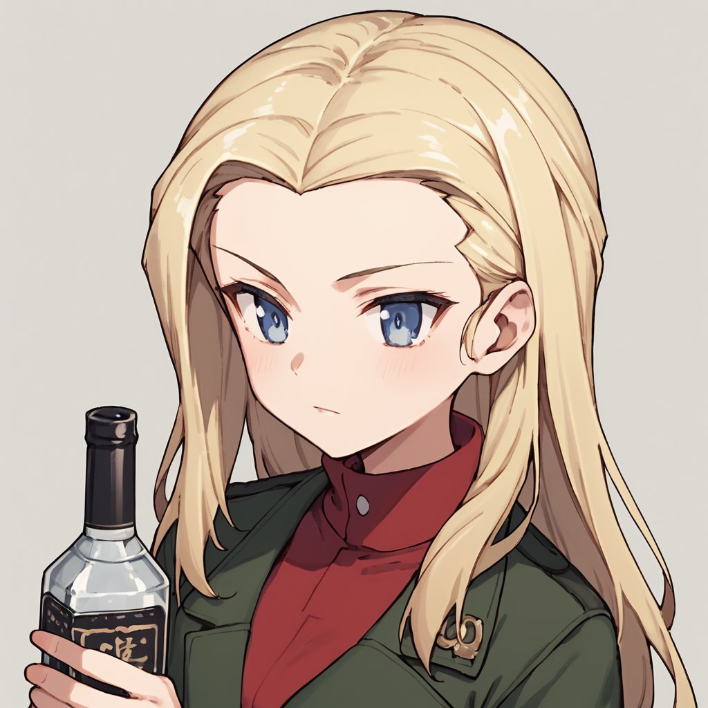 score_9, score_8_up, score_7_up, 1girl, solo, klaragup, 
blonde hair, long hair, blue eyes, red shirt, green jacket, turtleneck, long sleeves, school uniform, military, vodka, alcohol, holding, simple background, upper body, SUPERQUALITY