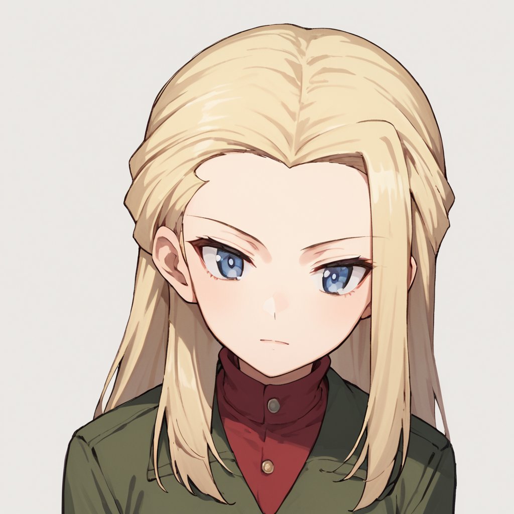 score_9, score_8_up, score_7_up, 1girl, solo, klaragup, 
blonde hair, long hair, blue eyes, red shirt, green jacket, turtleneck, long sleeves, school uniform, military, vodka, alcohol, holding, simple background, upper body, SUPERQUALITY