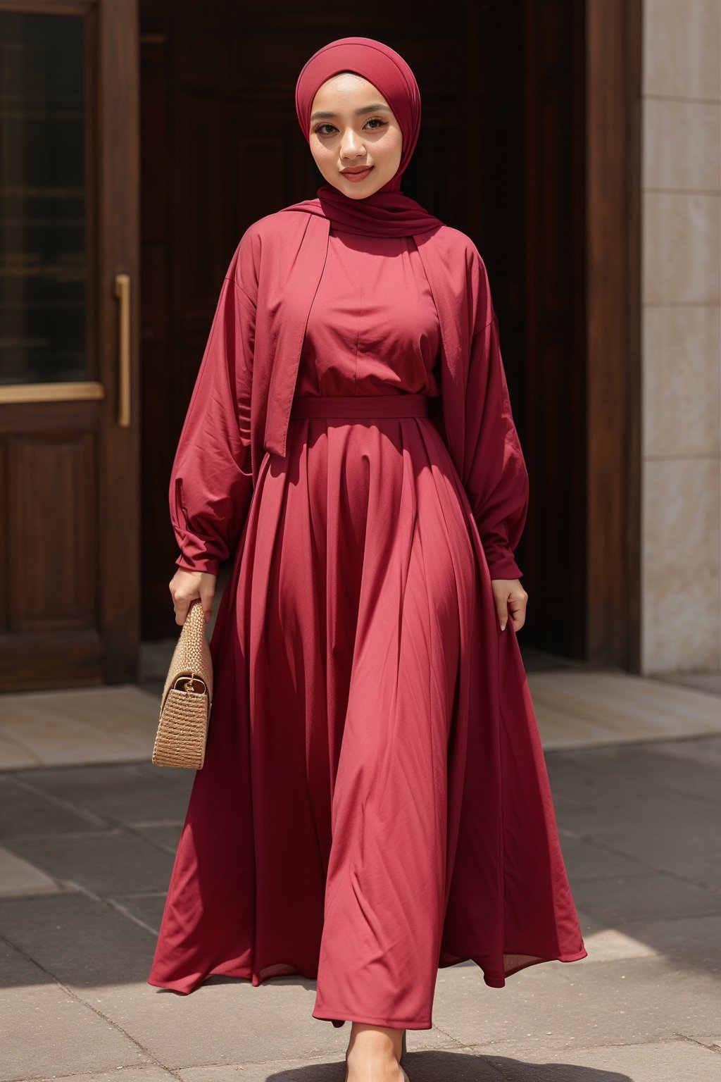 Beautiful woman, wearing red dress, hijab style 