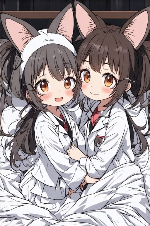 score_9, score_8_up, score_7_up,//quality, masterpiece:1.4, detailed:1.4,best quality:1.4,//,2girls, multiple_girls, cheek_to_cheek, hugging each other,//,raccoon girl,gray raccoon ears, animal ear fluff,gray hair, messy hair,ahoge, medium hair, brown eyes,detailed eyes,//,hair_accessories,accessories,pajamas,(wrapped blanket), white blanket,//blush,wavy_mouth,closed_mouth,//, kneeling on bed, (hiding under blanket),/, white blanket,comfyblanket,chibi,BREAK,//, AND 2girls,loli,//,mouse_ears,animal ear fluff,orange_hair,short ponytail,sidelocks,orange_eyes,detailed eyes,//,hair_accessories,ribbons,round glasses,white lab coat,//,blush,light smile,closed_mouth,(straight-on),//indoor,dark background, bedroom, storybook cover,((Chibi character)),Watercolor,anime style,anime girl