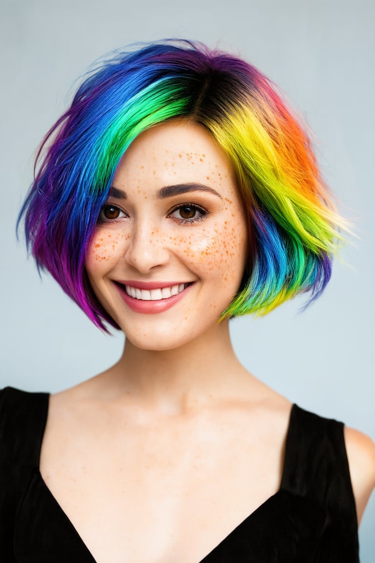 beautiful lady, (freckles), big smile, brown hazel eyes, Short hair, rainbow color hair, dark makeup, hyperdetailed photography, soft light, head and shoulders portrait, cover