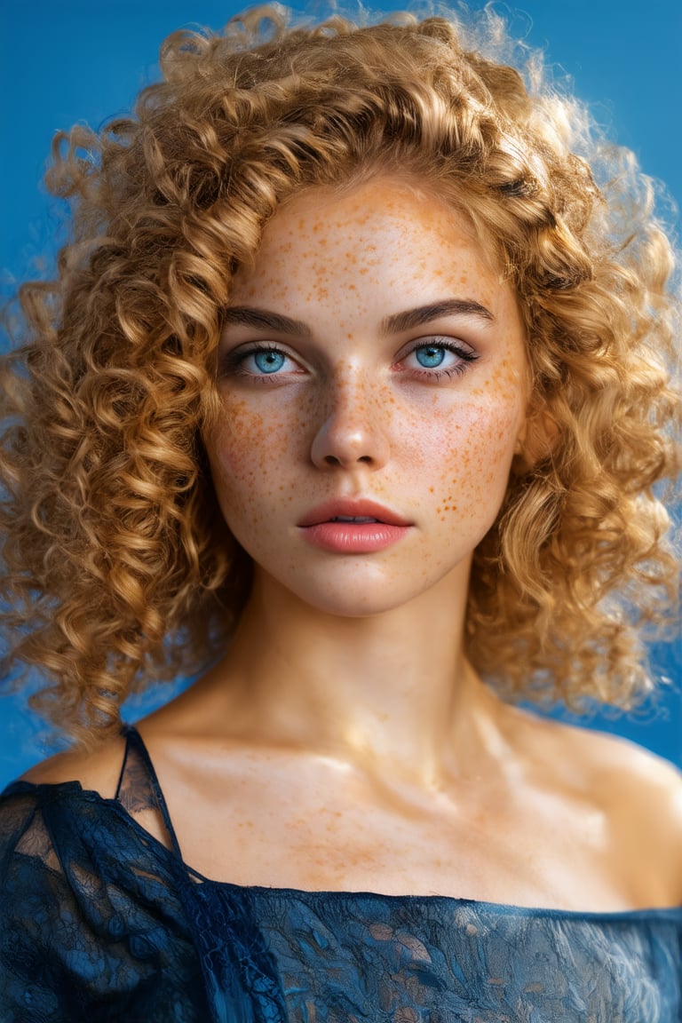 a photo portrait of a beautiful girl with curls and lots of freckles, (dirty blonde hair), (detailed blue eyes), (face portrait:1.5), dramatic light, Rembrandt lighting scheme, (hyperrealism:1.2), (8K UHD:1.2), (photorealistic:1.2), shot with Canon EOS 5D Mark IV, detailed face, detailed hair