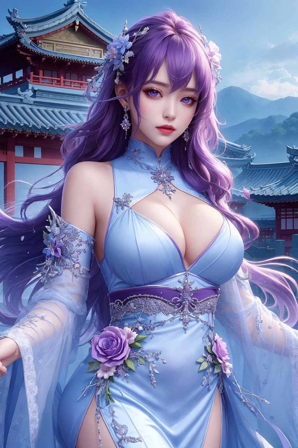 busty and sexy girl, 8k, masterpiece, ultra-realistic, best quality, high resolution, high definition, solo, long hair, looking at viewer, hair ornament, dress, jewelry, purple eyes, purple hair, flower, earrings, detached sleeves, sky, hair flower, white dress, architecture, east asian architecture