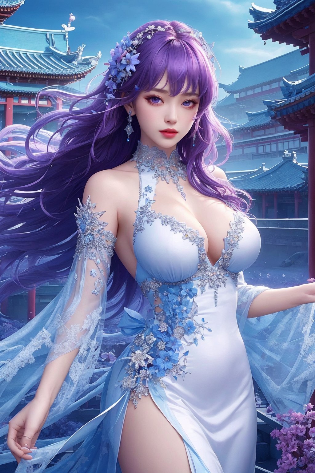 busty and sexy girl, 8k, masterpiece, ultra-realistic, best quality, high resolution, high definition, solo, long hair, looking at viewer, hair ornament, dress, jewelry, purple eyes, purple hair, flower, earrings, detached sleeves, sky, hair flower, white dress, architecture, east asian architecture