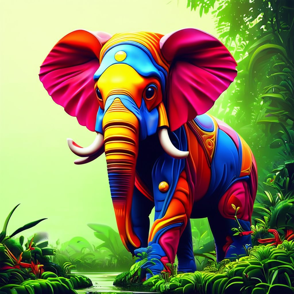 AAsp3ctr4m0rph1qu3 style 3d abstract elephant, vibrant, high-resolution colours, (two-tone colour rainforest background), humid atmosphere