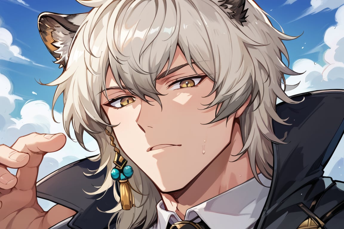 score_9, score_8_up, score_7_up, score_6_up, score_5_up, score_4_up, source_anime, BREAK, 1boy, male focus, , looking at viewer, close up,, , muscular, ,, ,, ,SilverAsh_Arknight,panther ears,white hair,suit,grey eyes