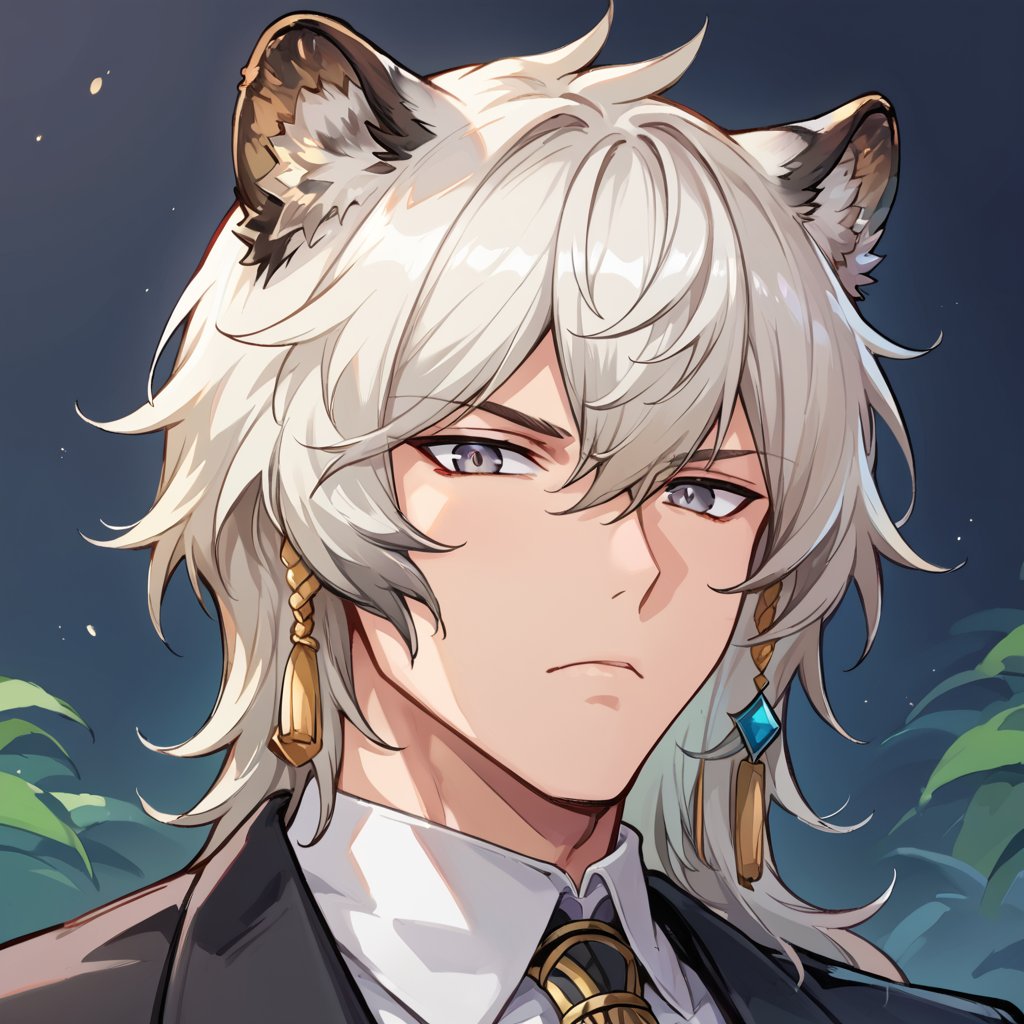 score_9, score_8_up, score_7_up, score_6_up, score_5_up, score_4_up, source_anime, BREAK, 1boy, male focus, , looking at viewer, close up,, , muscular, ,, ,, ,SilverAsh_Arknight,panther ears,white hair,suit,grey eyes,serious