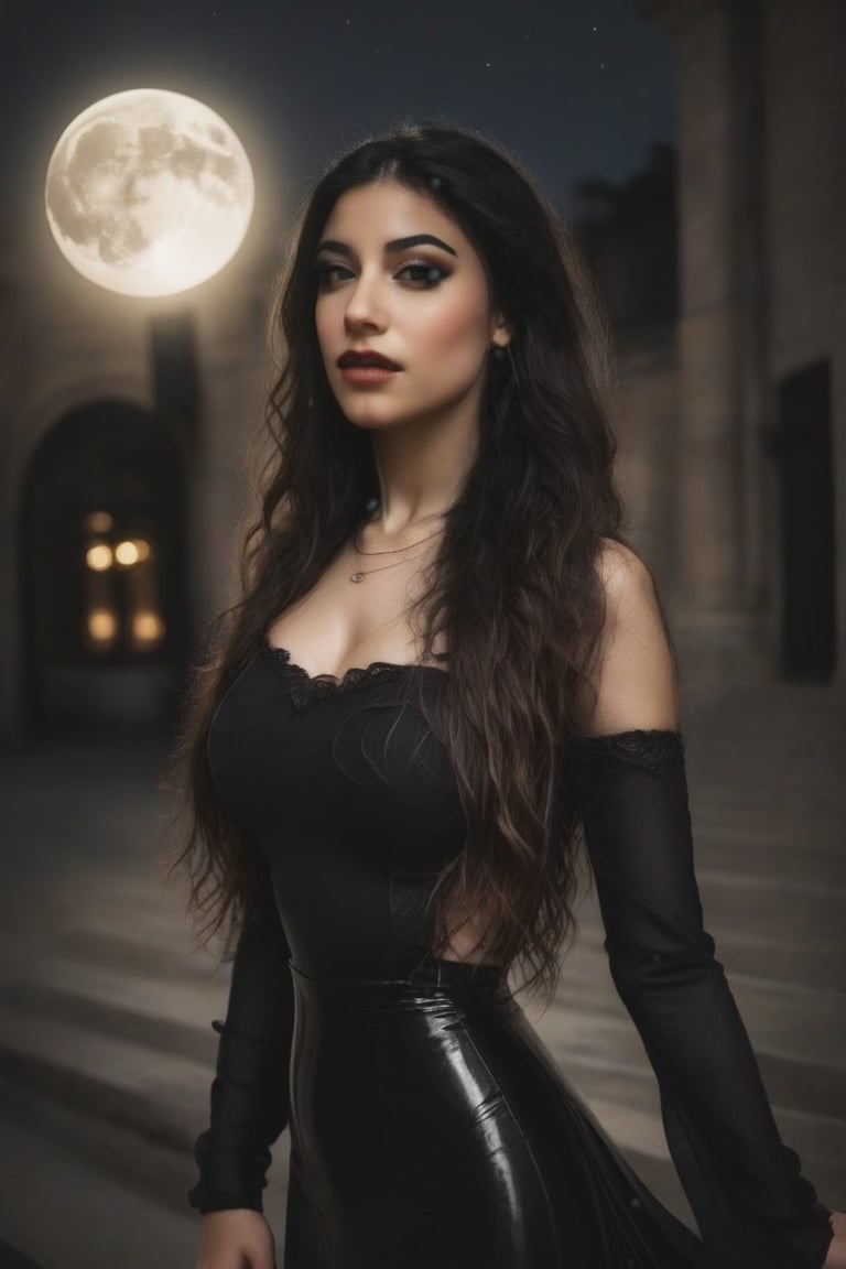 HQ photography, sharp focus, bokeh background, high contrast, In a serene, cinematic setting, a lovely, young woman,  in an antique university at night, Degas-like attention to detail captures every curl and curve of her body. In the background, an antique gothic university is bathed by the moon rays and illuminated by incandescent lamps, creating a sense of depth and atmosphere. The overall effect is stunning, with cinematic flair, masterpiece, shines brightly on ArtStation, trending for all to admire. Burgundy dress, Rembrandt Lighting Style,photorealistic,Gothic-chic style,cateye,ambre_vourvahis_xl, goth makeup,