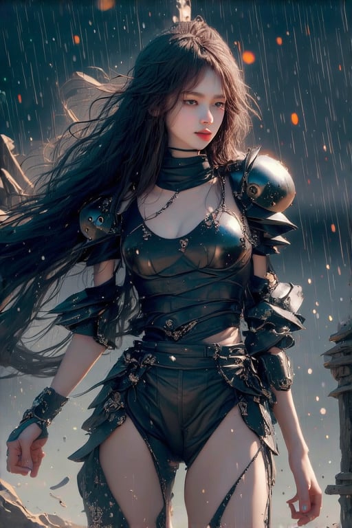 A Banshee-inspired K-pop girl,  her black hair now golden in the surreal lighting,  stands amidst a post-apocalyptic debri...