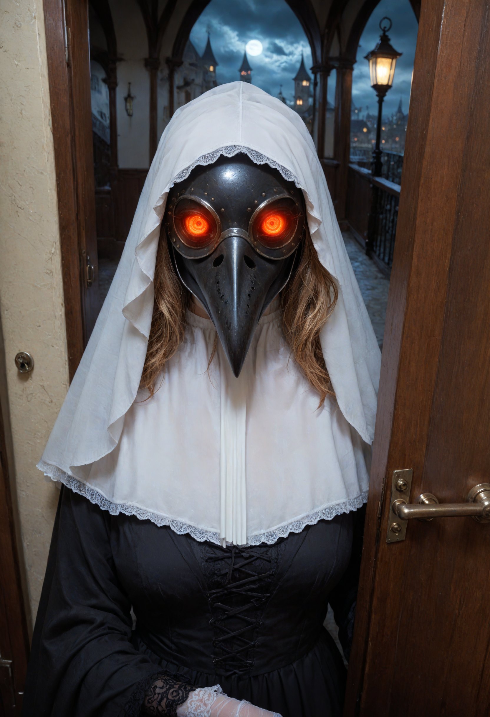 score_9, score_8_up, score_7_up, extremely detailed, detailed background, plague doctor, long beak, white veil, fancy veil, holding poison vial, white plague doctor mask, gothic city background, night, lowlight, clouds of poison, glowing eyes, white surgery dress, looking at viewer, close up, from above, doorway entrance, in front of door