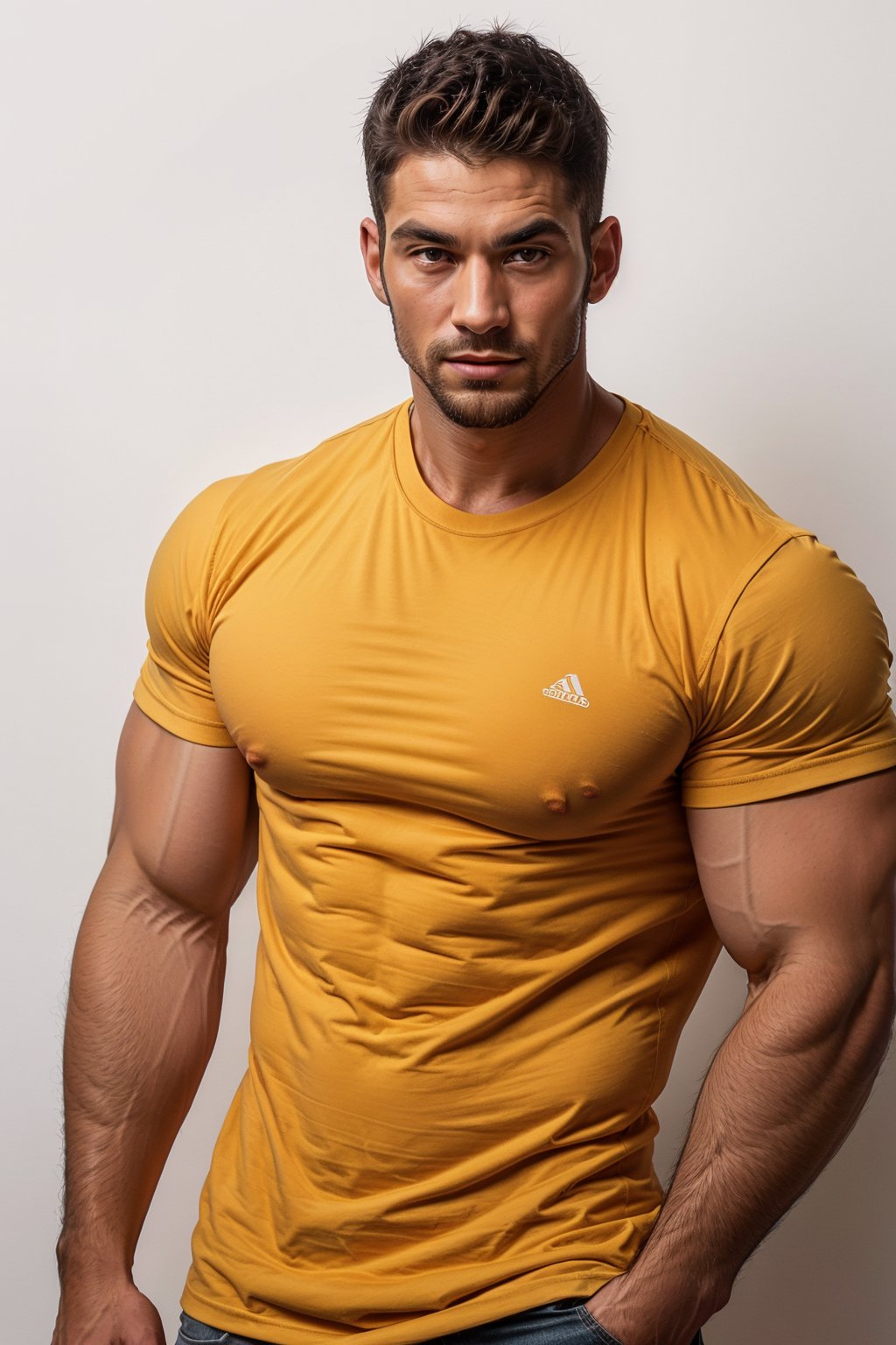 Portrait of Handsome man, wearing yellow t-shirt, white background,  muscular man, 