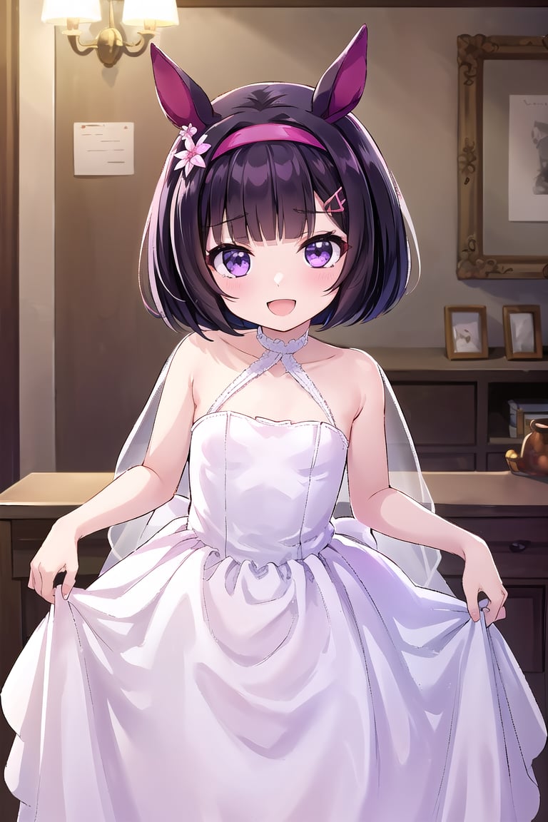 ((masterpiece, best quality)), high resolution,ultra detailed,8k,16k,detailed background, perfect lighting,1girl,from front,skinny,look at viewer,cowboy shot,:d,nishino flower,short hair,bob cut,purple eyes,hair ornament,white wedding_dress,flat chest,child,horse girl,redhorse ears,(redpink headband),black hair,