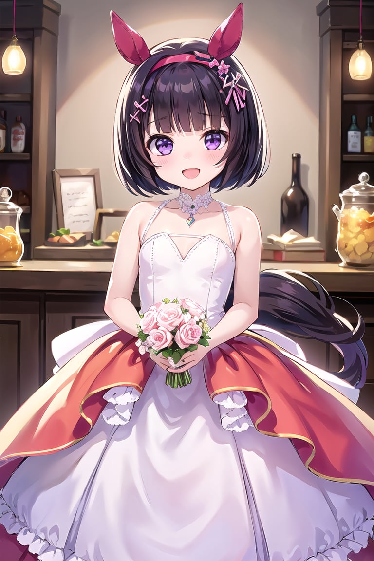 ((masterpiece, best quality)), high resolution,ultra detailed,8k,16k,detailed background, perfect lighting,1girl,from front,skinny,look at viewer,cowboy shot,:d,nishino flower,short hair,bob cut,purple eyes,hair ornament,white wedding_dress,flat chest,child,horse girl,redhorse ears,(redpink headband),black hair,own_hands_together_cupping