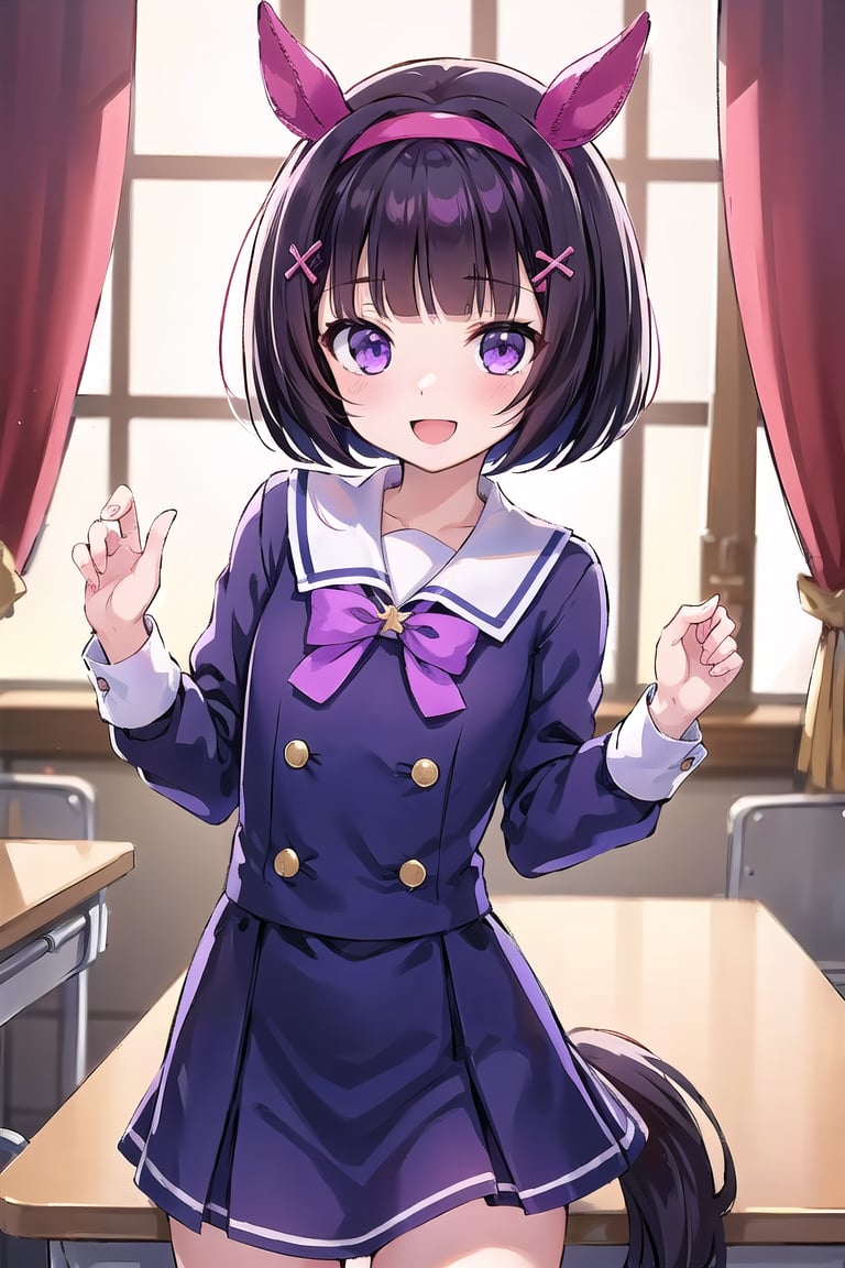 ((masterpiece, best quality)), high resolution,ultra detailed,8k,16k,detailed background, perfect lighting,1girl,from front,skinny,look at viewer,cowboy shot,:d,nishino flower,short hair,bob cut,purple eyes,hair ornament,purple school uniform,flat chest,child,horse girl,redhorse ears,(redpink headband),black hair,