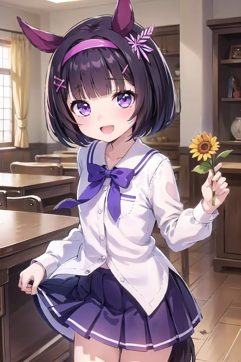 ((masterpiece, best quality)), high resolution,ultra detailed,8k,16k,detailed background, perfect lighting,1girl,from front,skinny,look at viewer,cowboy shot,:d,nishino flower,short hair,bob cut,purple eyes,hair ornament,purple school uniform,flat chest,child,horse girl,redhorse ears,(pink headband),black hair,