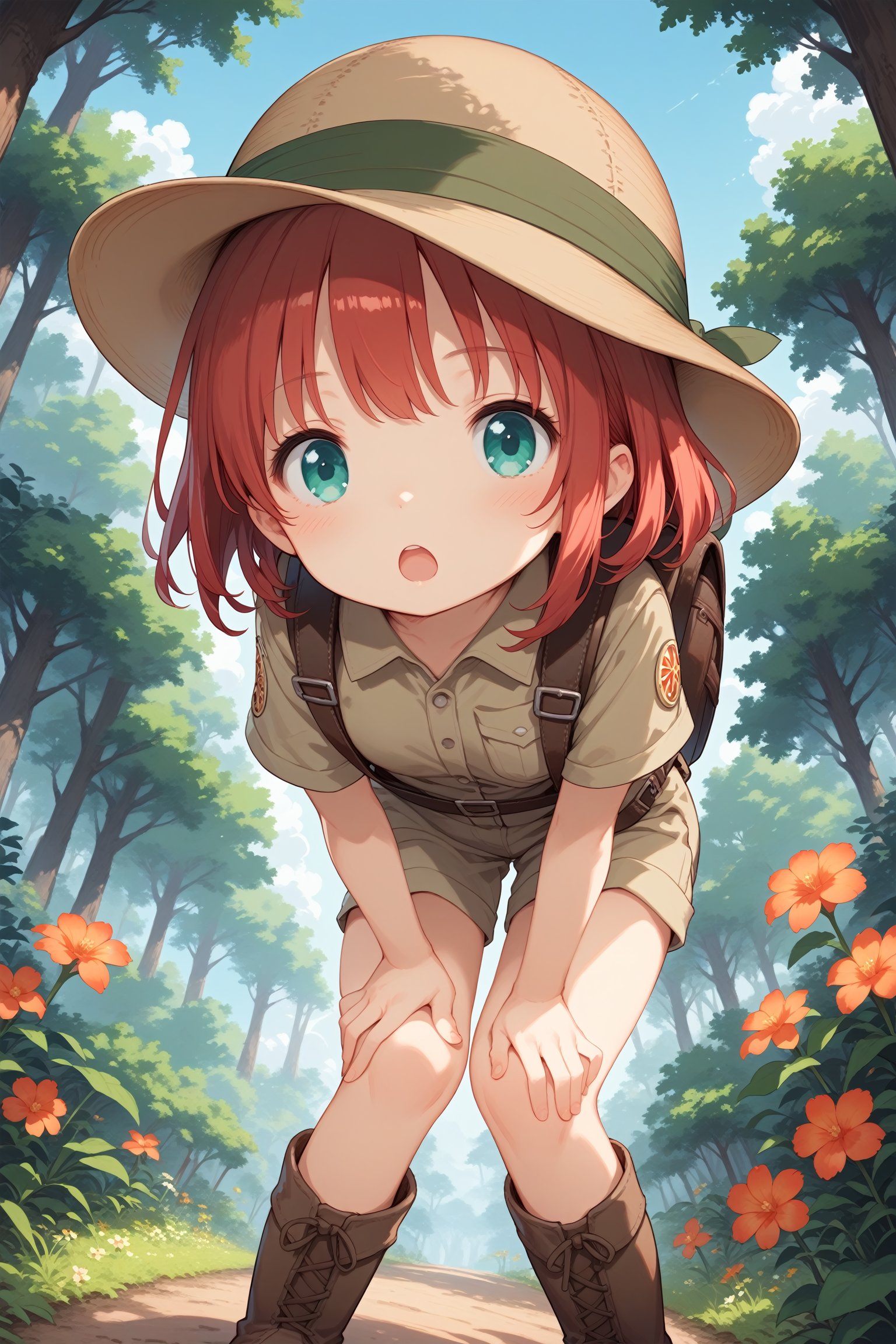 score_9, score_8_up, score_7_up,
1girl, solo, red hair, aqua eyes, blush, open mouth, brown boots, leaning forward, looking at viewer, pov, forest, flowers, blue sky, dynamic angle, hand on knee, leather backpack, safari hat