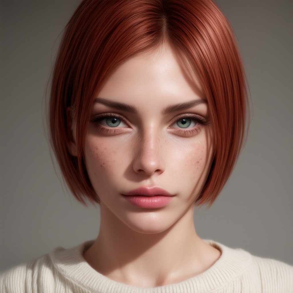 beautiful attractive woman, perfect eyes, portrait, short red messy hair, parted lips, (freckles:0.8), (green eyes:1.4), aesthetic jawline, sharp chin, fair skin, birthmark on cheeks, visible ears, wearing white sweater, front lighting, grey background, (best quality, 4K, 8K, high-resolution, masterpiece), ultra-detailed, best detailed, details, skin detailed, natural skin, RAW photo, photorealism, photorealistic, intricate, elegant, highly detailed, insane details, intricate details, hyper detailed, photogenic_LDG