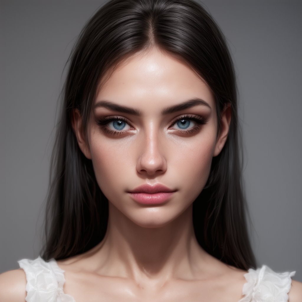 beautiful attractive woman, perfect eyes, portrait, long black messy hair, parted lips, (freckles:0.8), (blue eyes:1.4), aesthetic jawline, sharp chin, fair skin, birthmarks, visible ears, wearing white dress, soft cinematic lighting, grey background, (best quality, 4K, 8K, high-resolution, masterpiece), ultra-detailed, best detailed, details, skin detailed, photorealism, photorealistic, intricate, elegant, highly detailed, insane details, intricate details, hyper detailed, photogenic_LDG