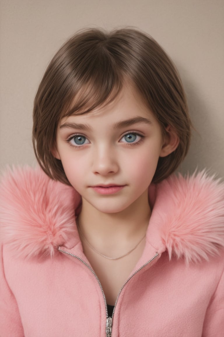 A close-up shot of a young girl with short, choppy brown hair and striking blue eyes, wearing a vibrant pink jacket with fur trim. Her messy hair is slightly tousled, framing her parted lips. A delicate piece of jewelry adorns her neck. The focus is solely on her upper body, blurring the background. Her gaze is direct, inviting the viewer's attention. The overall effect is one of bold, youthful confidence.