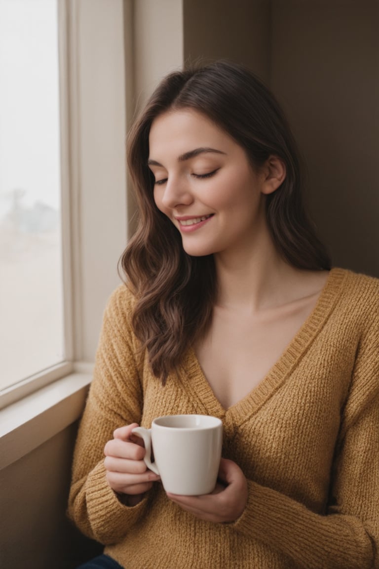 A serene morning moment unfolds: a woman's tranquil face fills the frame, eyes closed in bliss as she savors coffee by a grand window. Soft, wavy hair cascades down her shoulders, framing her gentle features. The oversized sweater envelops her torso with warmth. Morning light pours in, casting a golden glow on her contented smile, composition guiding the viewer's gaze. Enhance the vivid colors and cinematic lighting to create an ultra-clear visual feast.