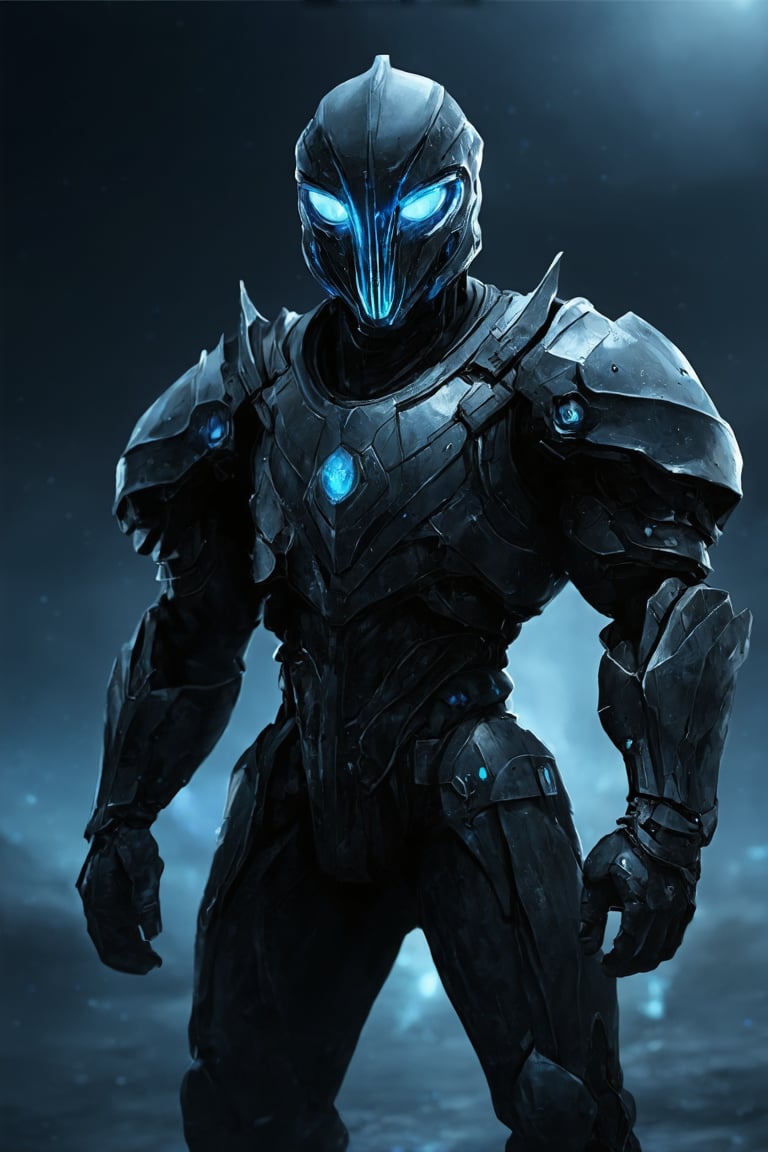 A lone, armored warrior stands tall amidst a futuristic, desolate landscape. His piercing blue eyes glow with an otherworldly intensity, illuminated by the faint light of distant stars. The armor encasing his physique is adorned with intricate details, as if forged from ancient technology. A gleaming arm blade extends from his shoulder, ready to strike. In the darkness, only his glowing helmet and radiant eyes stand out, like beacons calling forth an alien power.