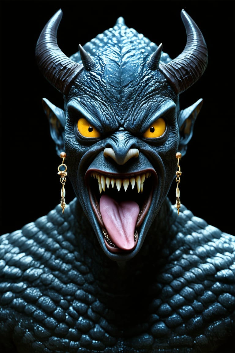 solo, looking at viewer, open mouth, simple background, jewelry, yellow eyes, earrings, horns, teeth, tongue, no humans, sharp teeth, black background, colored sclera, monster, scales