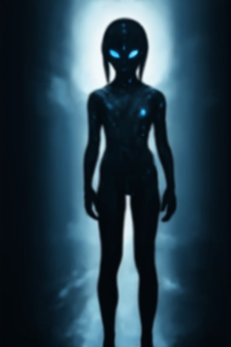 A lone figure, a girl with an otherworldly aura, stands tall in a blurry, indistinct environment. Her upper body is the focal point, illuminated by an ethereal glow emanating from her eyes, which radiate an intense, pulsing light. The blurred background adds to the sense of mystery and isolation, as she embodies the essence of science fiction's most enigmatic alien species.