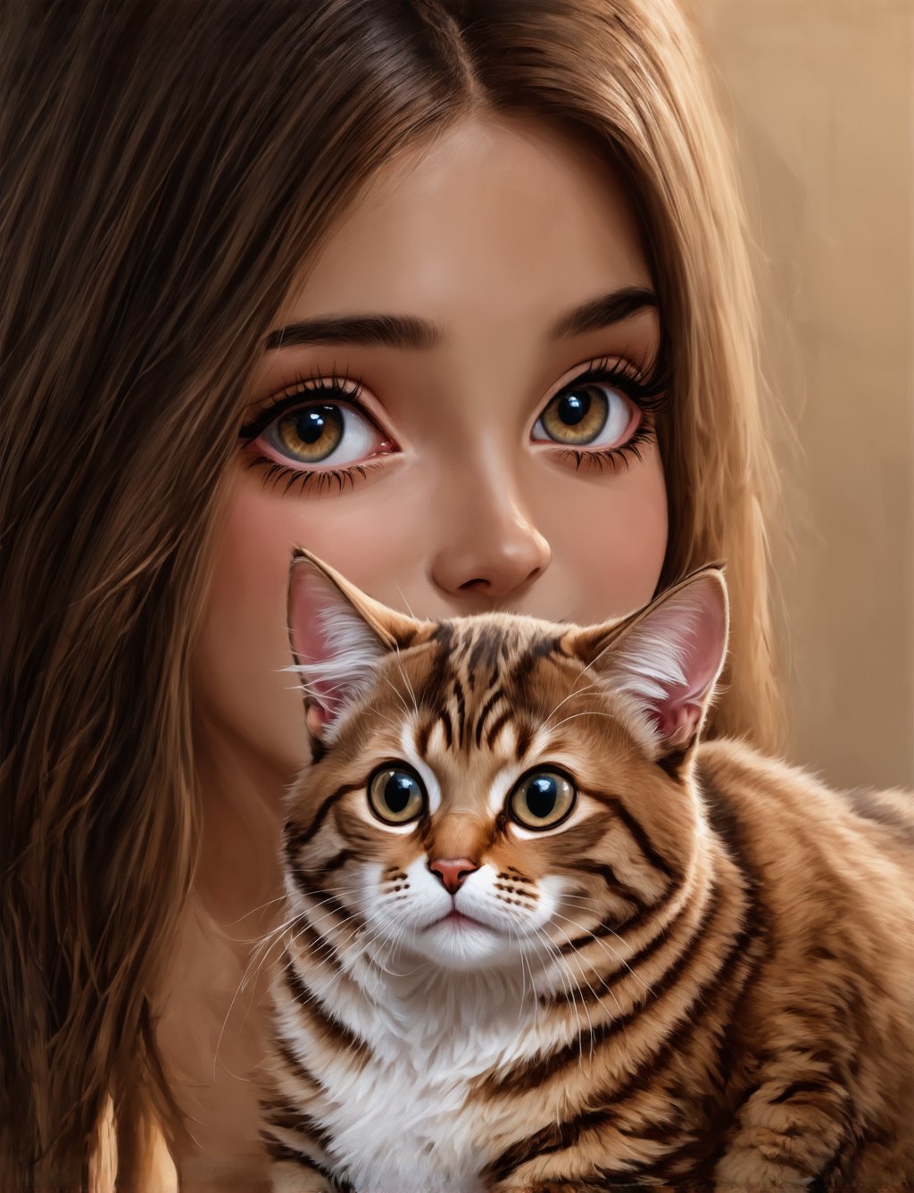 a beautiful girl with a cute cat, detailed eyes, detailed lips, long eyelashes, intricate hair, beautiful detailed portrait, highly detailed, 8k, photorealistic, professional digital painting, warm color palette, soft lighting, serene expression, delicate features, elegant dress, sitting in a cozy interior, pet cat on her lap, feline companion, portrait style, dramatic lighting, stunning realism