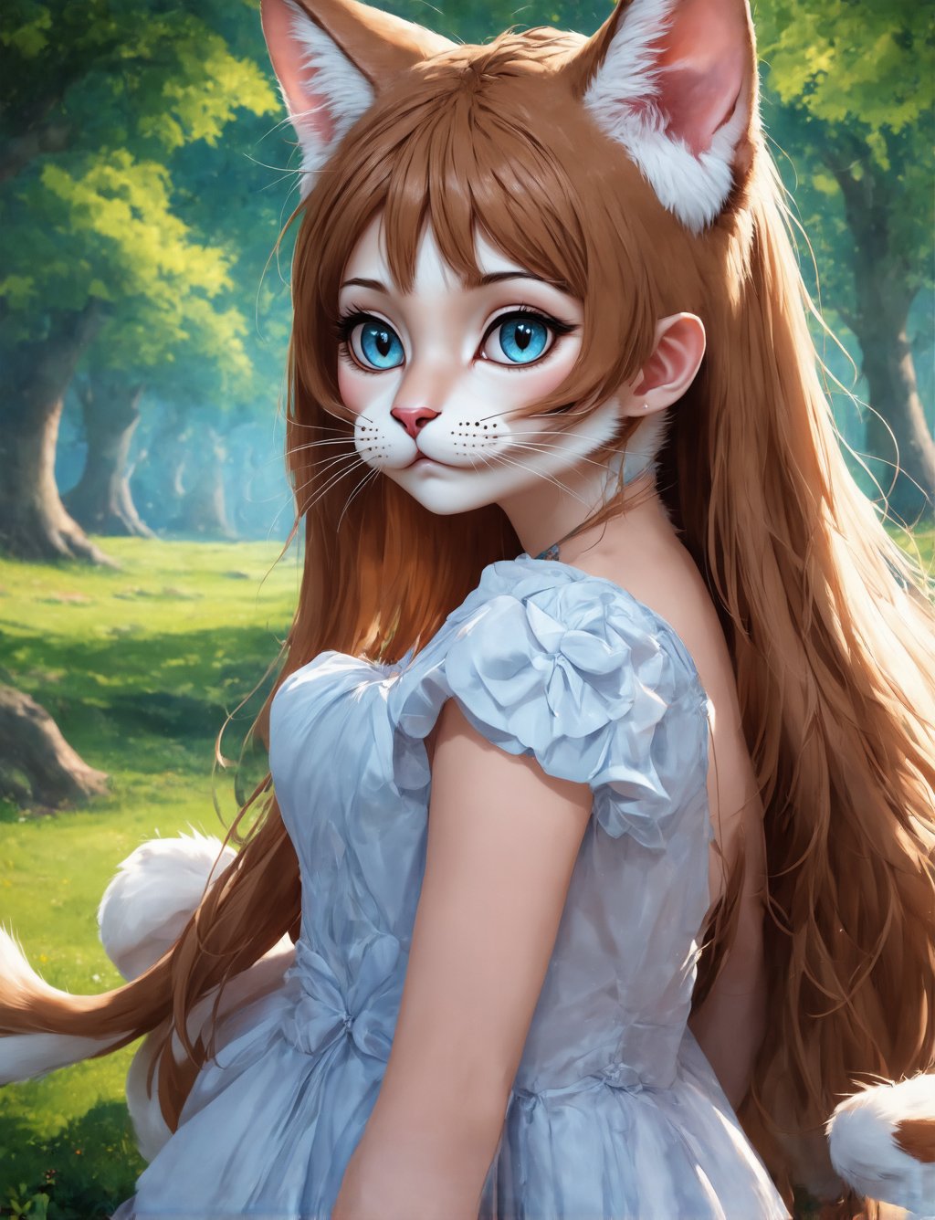 a beautiful anime girl, cat girl, with long hair, detailed facial features, piercing blue eyes, sharp cat-like ears, delicate facial expression, elegant pose, intricate dress, flowing fabric, detailed fur on cat ears and tail, (best quality,4k,8k,highres,masterpiece:1.2),ultra-detailed,(realistic,photorealistic,photo-realistic:1.37),detailed background, lush forest, magical forest clearing, soft lighting, warm color palette, cinematic composition