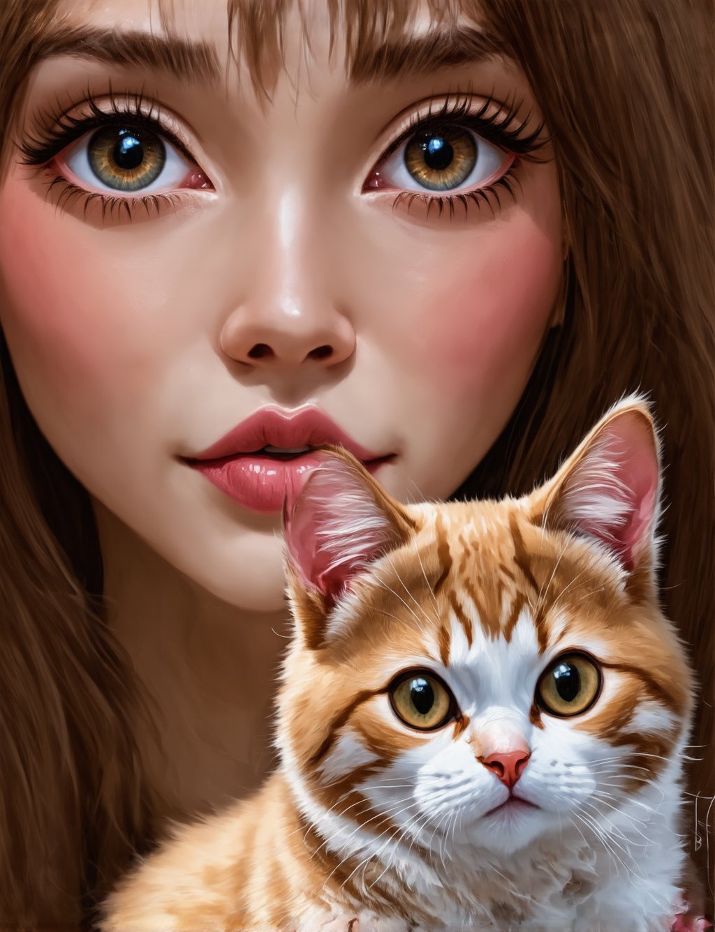 a beautiful girl with a cute cat, detailed eyes, detailed lips, long eyelashes, intricate hair, beautiful detailed portrait, highly detailed, 8k, photorealistic, professional digital painting, warm color palette, soft lighting, serene expression, delicate features, elegant dress, sitting in a cozy interior, pet cat on her lap, feline companion, portrait style, dramatic lighting, stunning realism