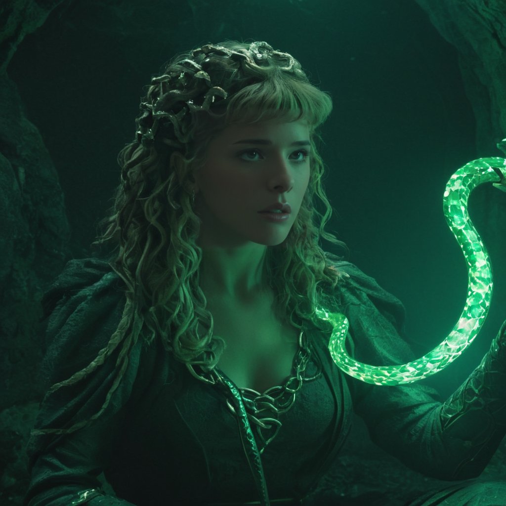 A girl, Medusa, with long snake-shaped snakes, holding a sword, mini laser beams for her eyes, sitting in a cave with emeralds that shine too much,