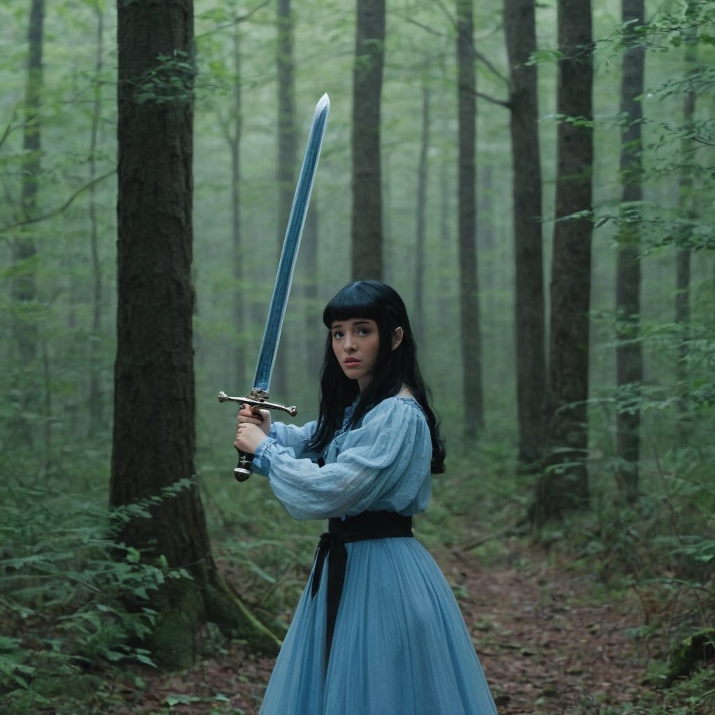 a girl,in a forest,holding a sword,floating,blue and black hair