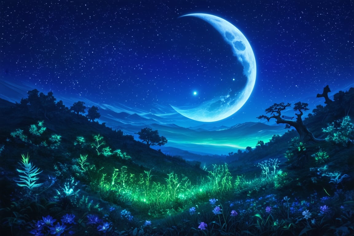 Vibrant hues of indigo and emerald dance across the mystical landscape as a crescent moon casts an ethereal glow. A tapestry of glowing flora sprawls before us, illuminated by wispy quantum waves that weave through the scene like stardust. In the distance, silhouettes of fantastical trees stretch toward the sky, their branches aglow with an otherworldly energy.