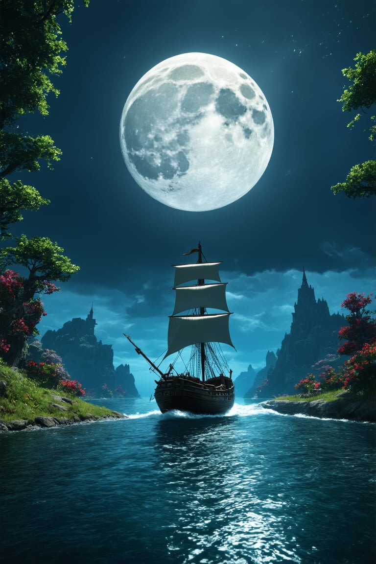 In a dreamy, surreal Unreal Engine 5 scene, a majestic arafed sailboat glides effortlessly across the tranquil ocean, under the soft glow of a full moon suspended in the dark blue sky. The fantasy forest landscape unfolds like a tapestry, with lush greenery and vibrant flowers swaying gently in the breeze. In the distance, the cinematic Silk Road landscape stretches out, its ancient architecture and mystical energy radiating an otherworldly aura. Trending on CGSociety, this breathtaking 4K image is perfect for an iPhone background or Skyrim mod, transporting viewers to a world of wonder and magic.