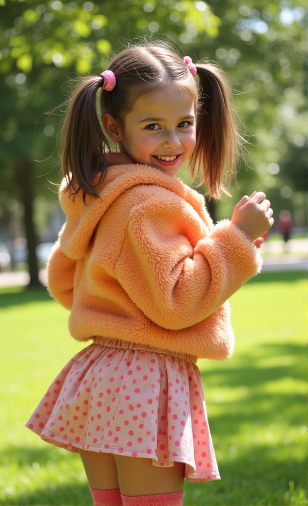 A whimsical young girl,  donning pigtails and freckles,  strikes a playful pose on a sun-kissed outdoor setting. Her fuzzy...