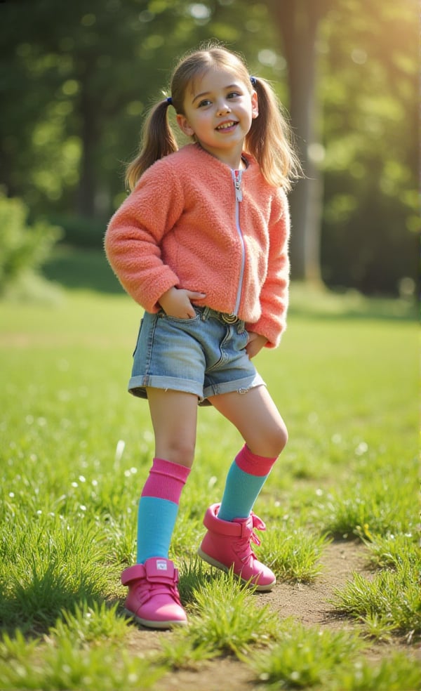A whimsical young girl,  donning pigtails and freckles,  strikes a playful pose on a sun-kissed outdoor setting. Her fuzzy...