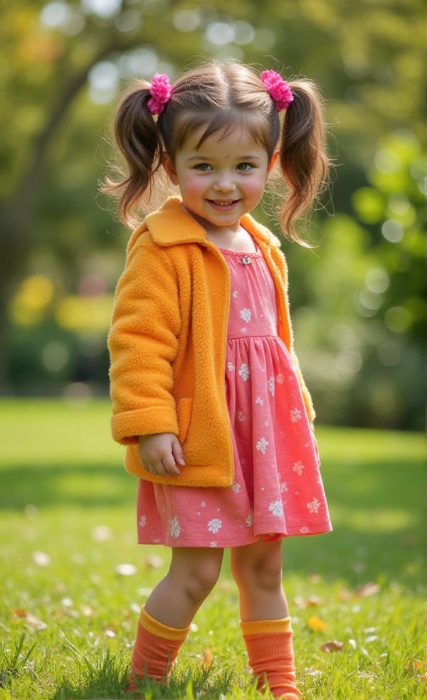 A whimsical young girl,  donning pigtails and freckles,  strikes a playful pose on a sun-kissed outdoor setting. Her fuzzy...