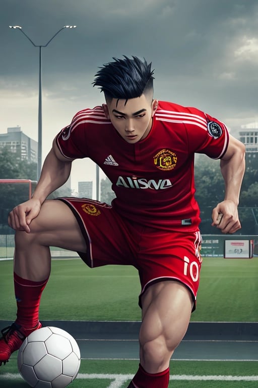 RAW photo, (dynamic), action, 1man, handsome Asian,slim men, (soccer kit), sports socks, thirst trap, undercut hair, (Mancunian park background), (cloudy:0.5), soft lighting, skin imperfections, intricate detail, 8k, octane, (GS-Masculine:0.3), portrait 