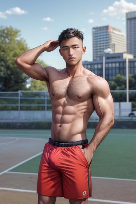 ((masterpiece)), ((best quality:1.2)),  high resolution, shot by  canon DSLR, lens 50mm, 8K UHD, <lora:add_detail:1.25>, handsome face, perfect, masculine, male, muscular, good anatomy, (sharp focus), <lora:syahnkV5-10:0.9>, syahnk,eye view viewer, as ( a football model in a city park with hairy armpits and has a bulging shorts)