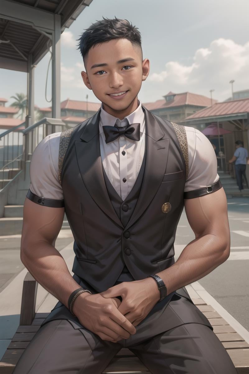 Syahnk,(best quality), (high quality), (detailed), (masterpiece), (absurdres), a young male model, sitting down on top of a stair of a marketplace, looking at the camera, smiling, confident smile, confident grin, fade hair, short hair, wearing a sleeveless tuxedo, outdoor, market, full of people buying, energetic, (sharp focus), 35mm, grain, dslr shot, fujifilm, vibrant, dynamic lighting, outdoor lighting, octane render, ((8k)), GS-DeFeminize, <lora:add_detail:0.6>, (beautiful hands:1.2), (detailed fingers:1.2), <lora:syahnkV4-08:1>