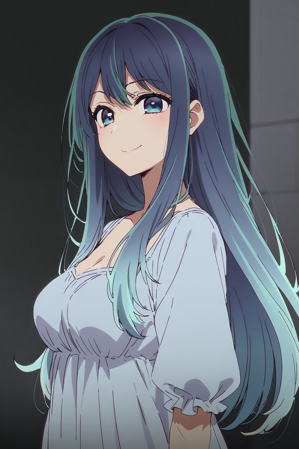 Akane, solo, long hair, multicolored hair, blue hairstyle with a darker shade at the ends, shaded blue eyes, (tall light blue dress: 1.4), little smile, 