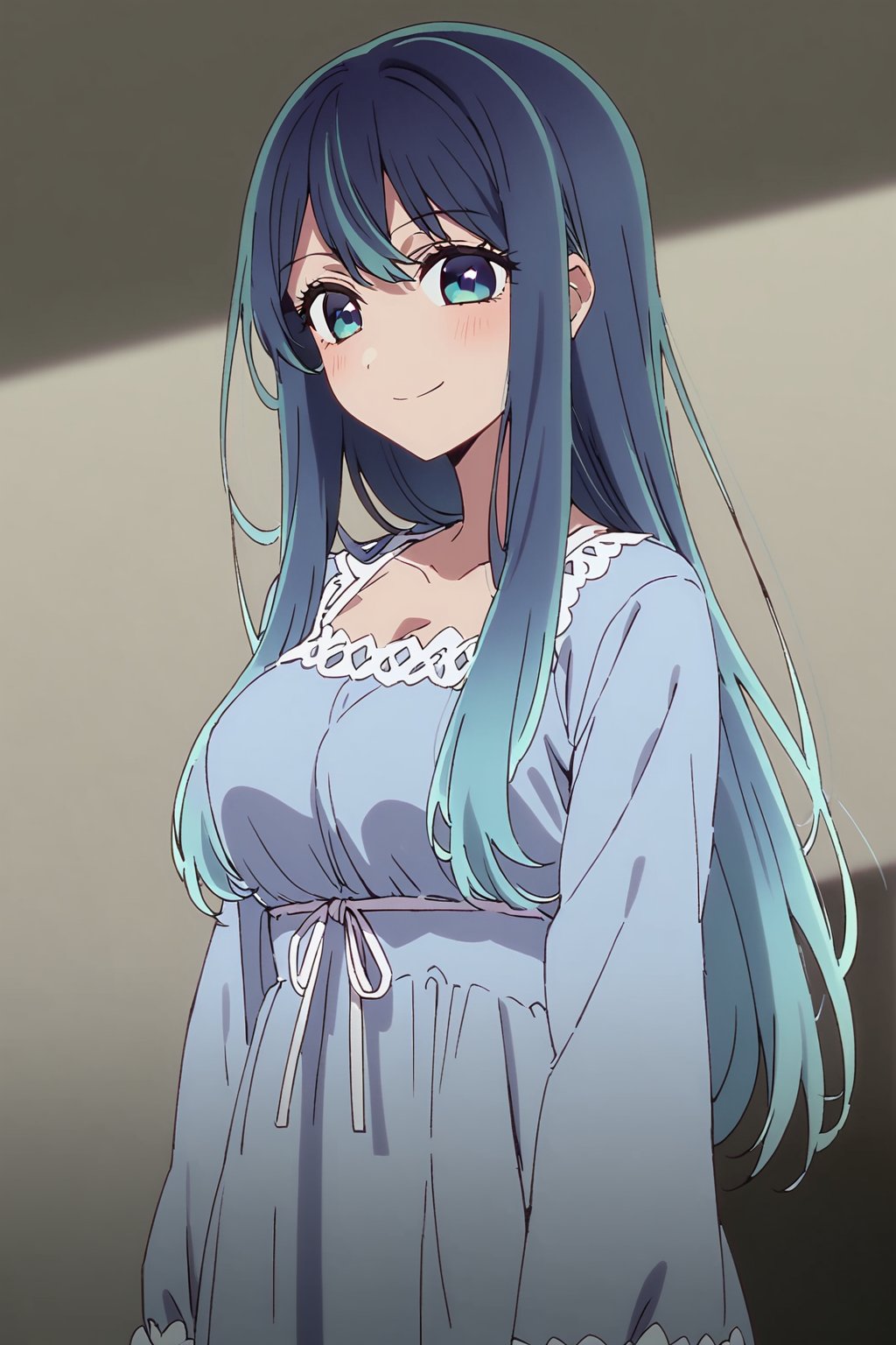 Akane, solo, long hair, multicolored hair, blue hairstyle with a darker shade at the ends, shaded blue eyes, (tall light blue dress: 1.4), little smile, 